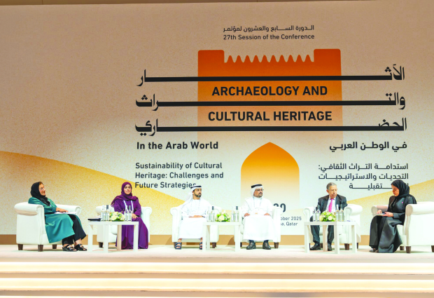 <p><em><strong>Officials take part in a panel discussion at the conference</strong></em></p>
<p>Bahrain highlighted ongoing efforts to preserve its architectural and cultural heritage at a major forum hosted by Qatar Museums in Doha. The 27th Conference on Archaeology and Cultural Heritage in the Arab World, held under the theme &lsquo;Sustainability of Cultural Heritage: Challenges and Future Strategies&rsquo;, was organised in co-operation with the Arab League Educational, Cultural and Scientific Organisation (Alesco). Bahrain was represented at the event by Bahrain Authority for Culture and Antiquities (Baca) director-general of heritage Shaikh Mohamed bin Khalifa Al Khalifa who presented a research paper titled &lsquo;Muharraq City Development Plan&rsquo;. The conference also witnessed the launch of the First Arab Youth Forum for Sustainable Heritage, designed to empower Arab youth and enhance their role in the fields of archaeology and cultural heritage preservation, thereby reinforcing the concept of sustainability within joint Arab cultural initiatives.&nbsp;</p>